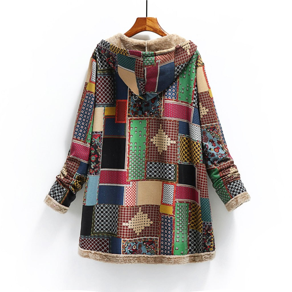 Cotton and linen printed hooded sweater warm plush jacket