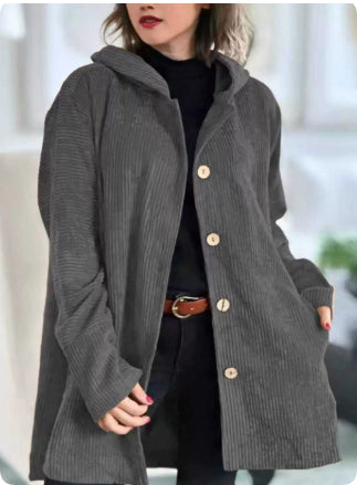 Corduroy hooded jacket with a mid-length -  button closure, and pockets