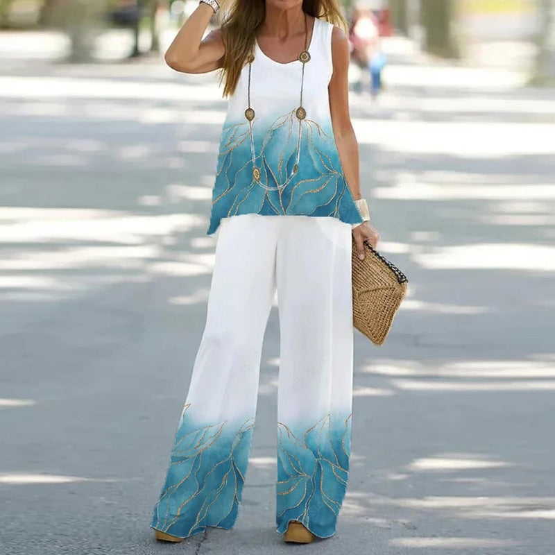 Sleeveless Top Elastic High Waist Pants Two Piece Set