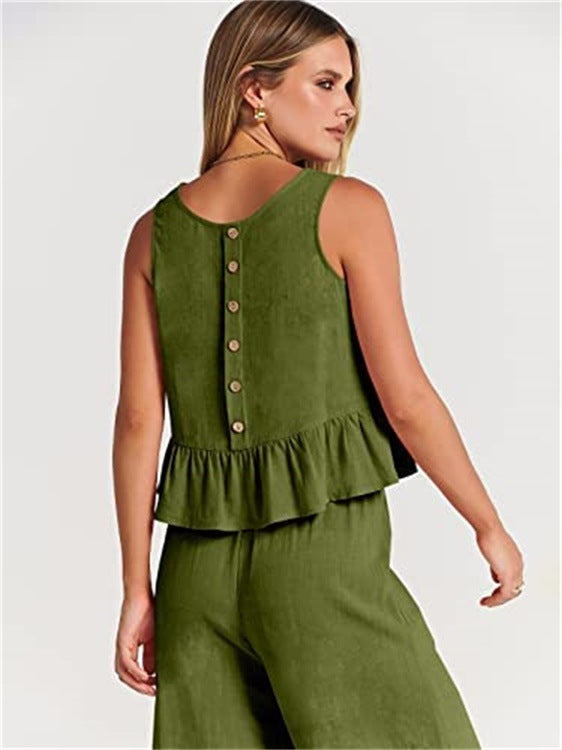 Casual Suit Summer Sleeveless Pleated Vest And Wide-leg Cropped Pants