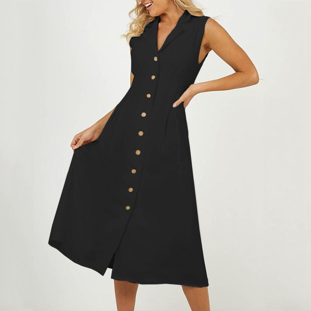 A row of button cotton and linen casual dresses