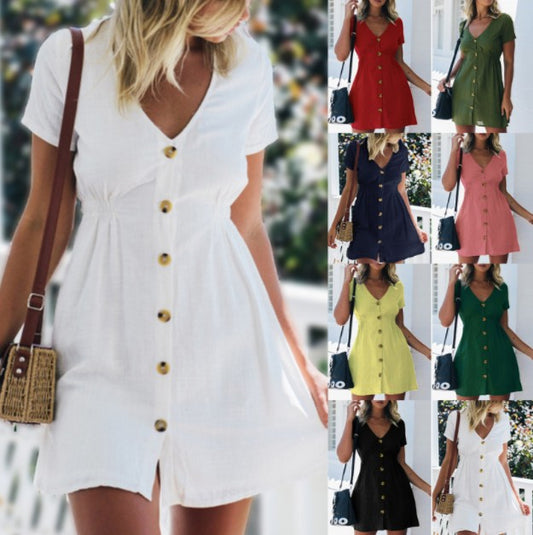 New women's solid color V-neck slim single-breasted button high waist dress for women