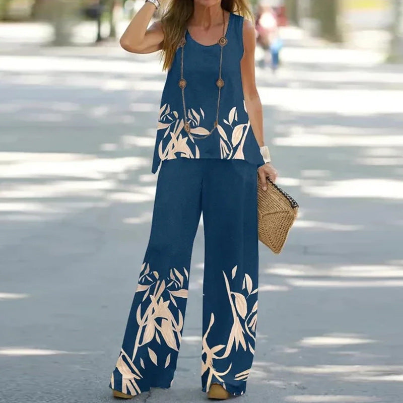 Sleeveless Top Elastic High Waist Pants Two Piece Set