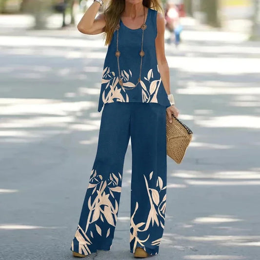 Sleeveless Top Elastic High Waist Pants Two Piece Set