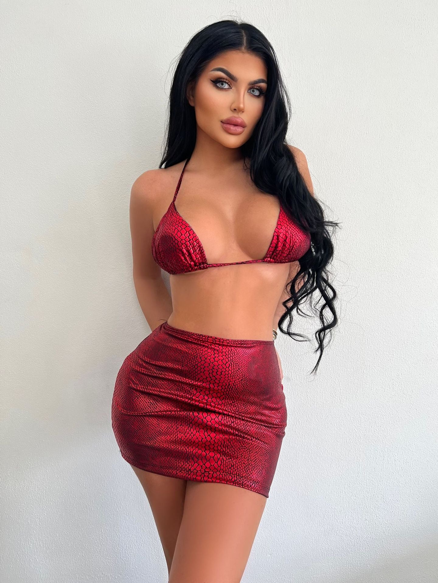 3 Piece Bathing Suits Halter Snake Pattern Bikini Set With Cover Up Skirt