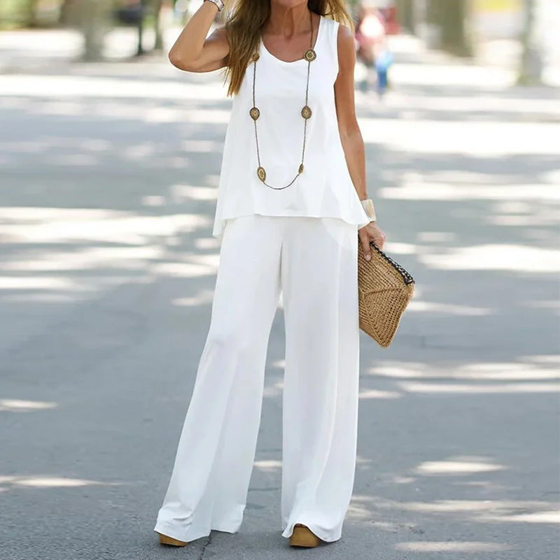 Sleeveless Top Elastic High Waist Pants Two Piece Set