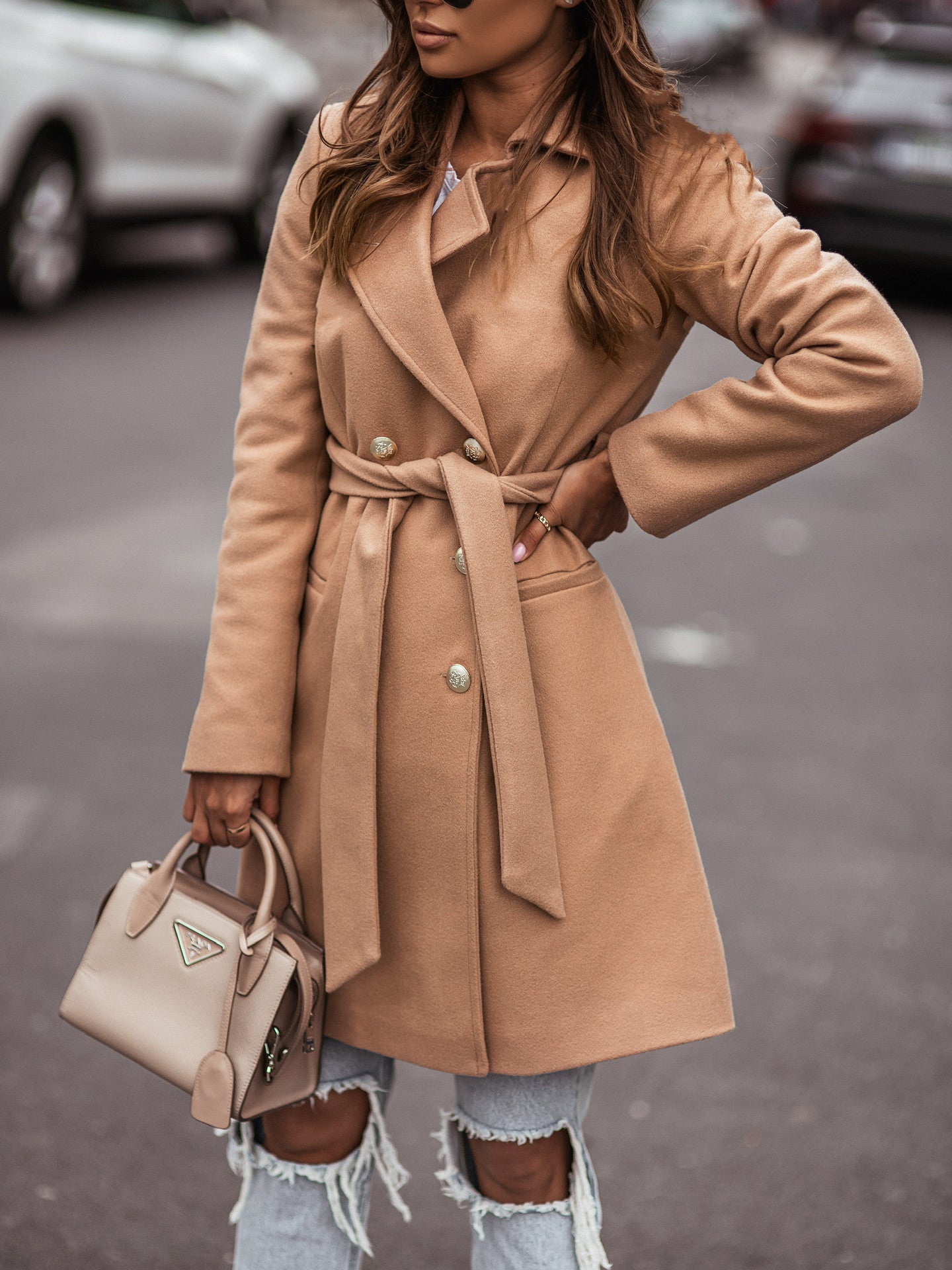 Autumn And Winter Long Sleeved Suit Collar Double Breasted Woolen Coat Jacket Women