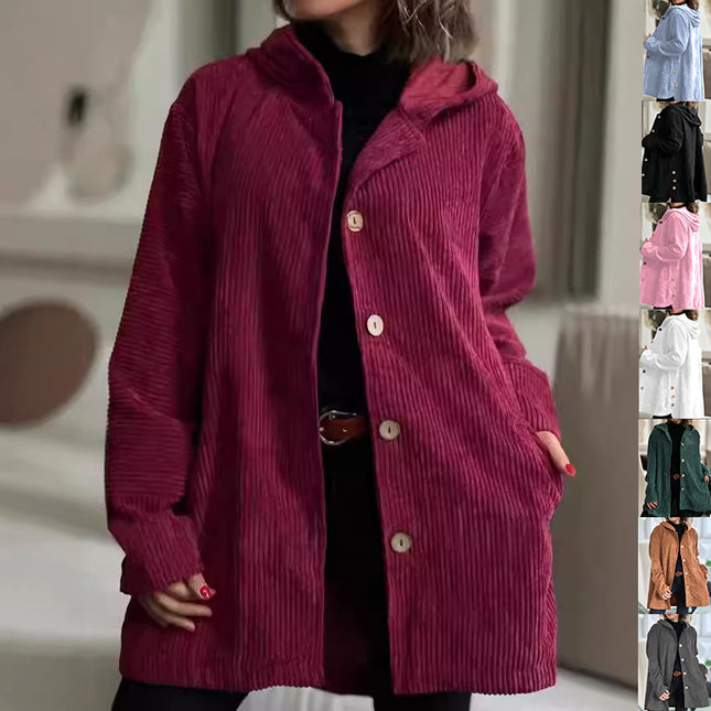 Corduroy hooded jacket with a mid-length -  button closure, and pockets