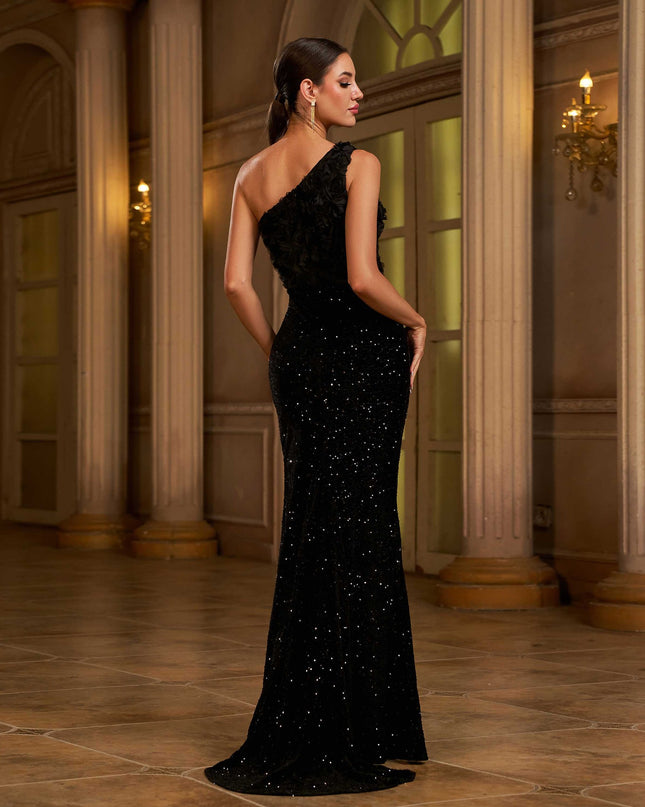 One-shoulder Slant Collar Sequined Slim-fit Sheath Banquet Split