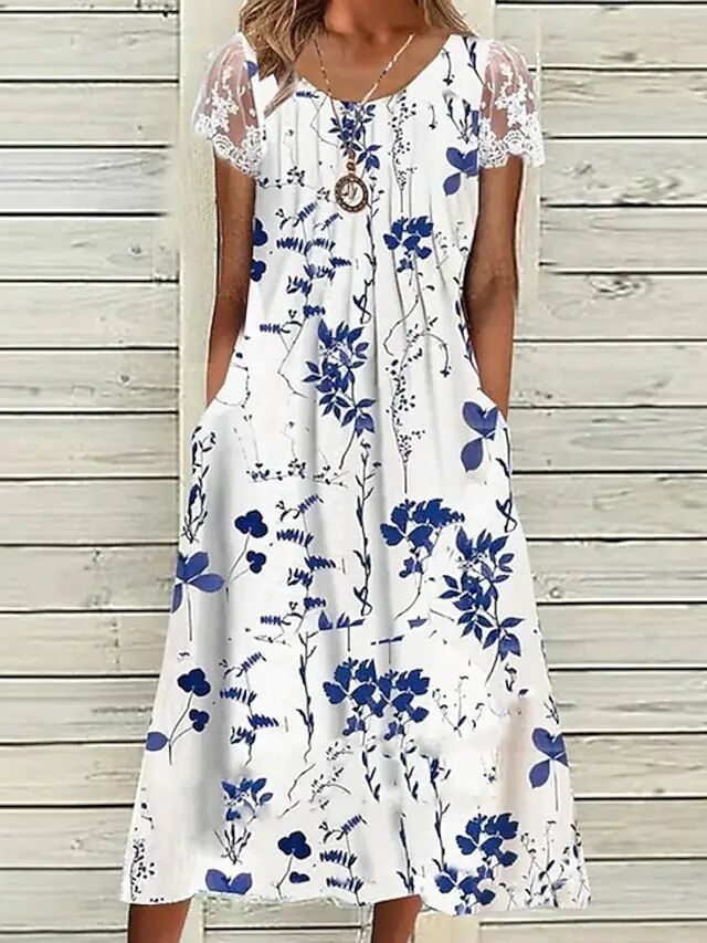 Women's Printed Short Sleeve Lace Patchwork Dress For Women