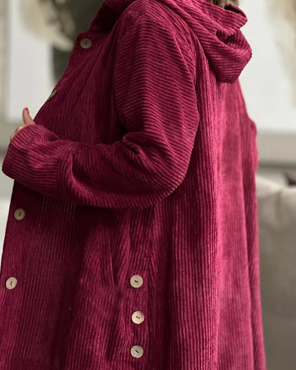 Corduroy hooded jacket with a mid-length -  button closure, and pockets