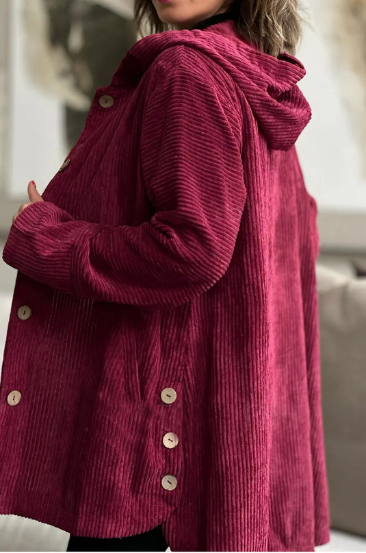 Corduroy hooded jacket with a mid-length -  button closure, and pockets