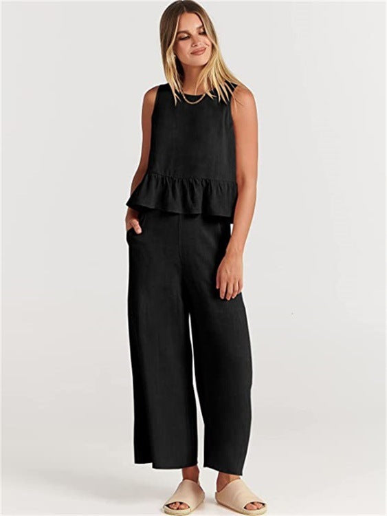 Casual Suit Summer Sleeveless Pleated Vest And Wide-leg Cropped Pants