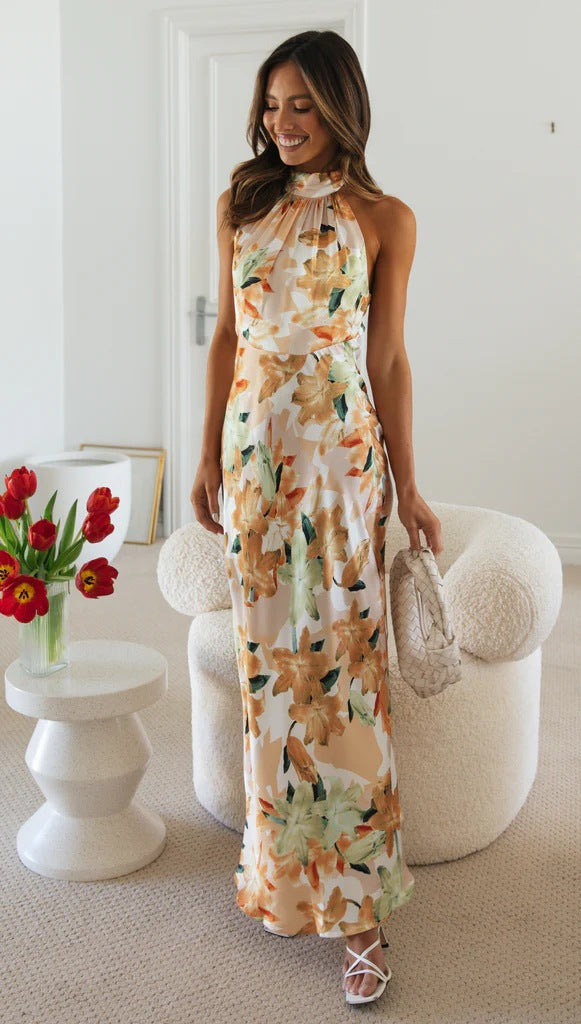 Tie Halter Lace-up Backless Print Dress