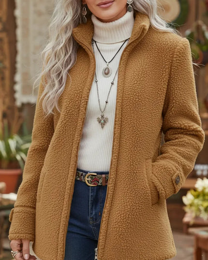 Stand-Up Collar Solid-Color Loose Casual Long-Sleeve Fleece Zip-Up Jacket