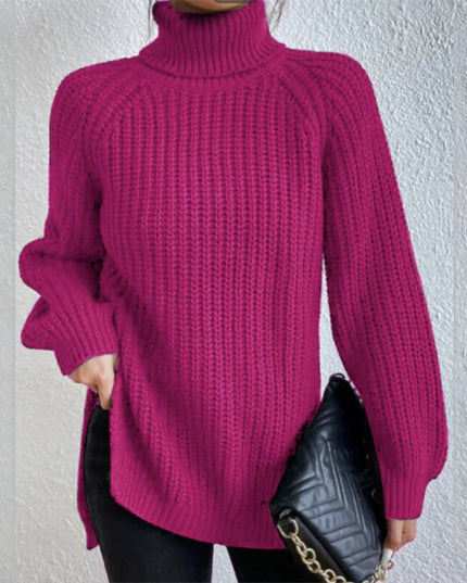 Turtleneck Pullover Sweater With Split Design Fashion Simple Solid Color Long Sleeve Tops Women's Clothing