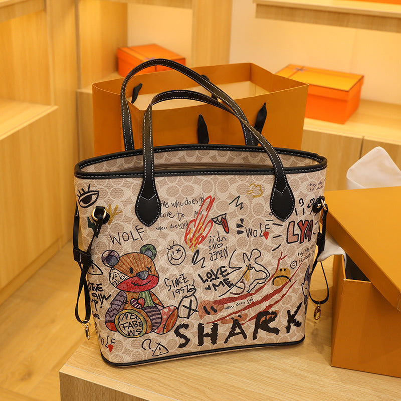 Printed Female Bear Graffiti New Handbag Versatile And Large Capacity