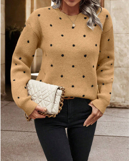 Fashionable polka dot print pullover sweater designed for a chic and casual look