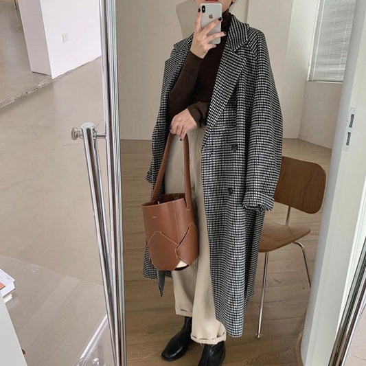 Women's Fashionable Loose Mid-length Houndstooth Plaid Coat