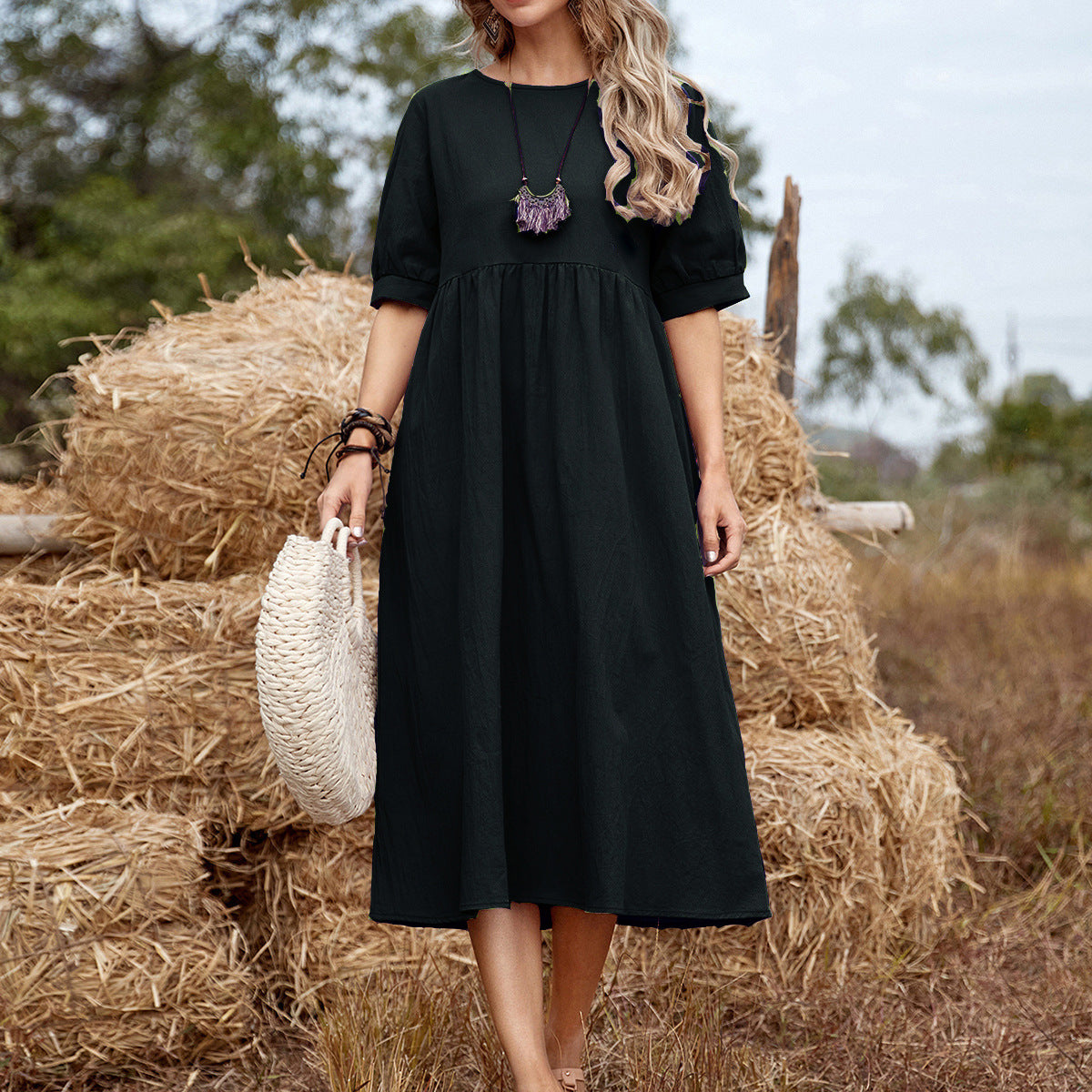 Solid Color Loose Waist Cotton Linen Round-neck Dress