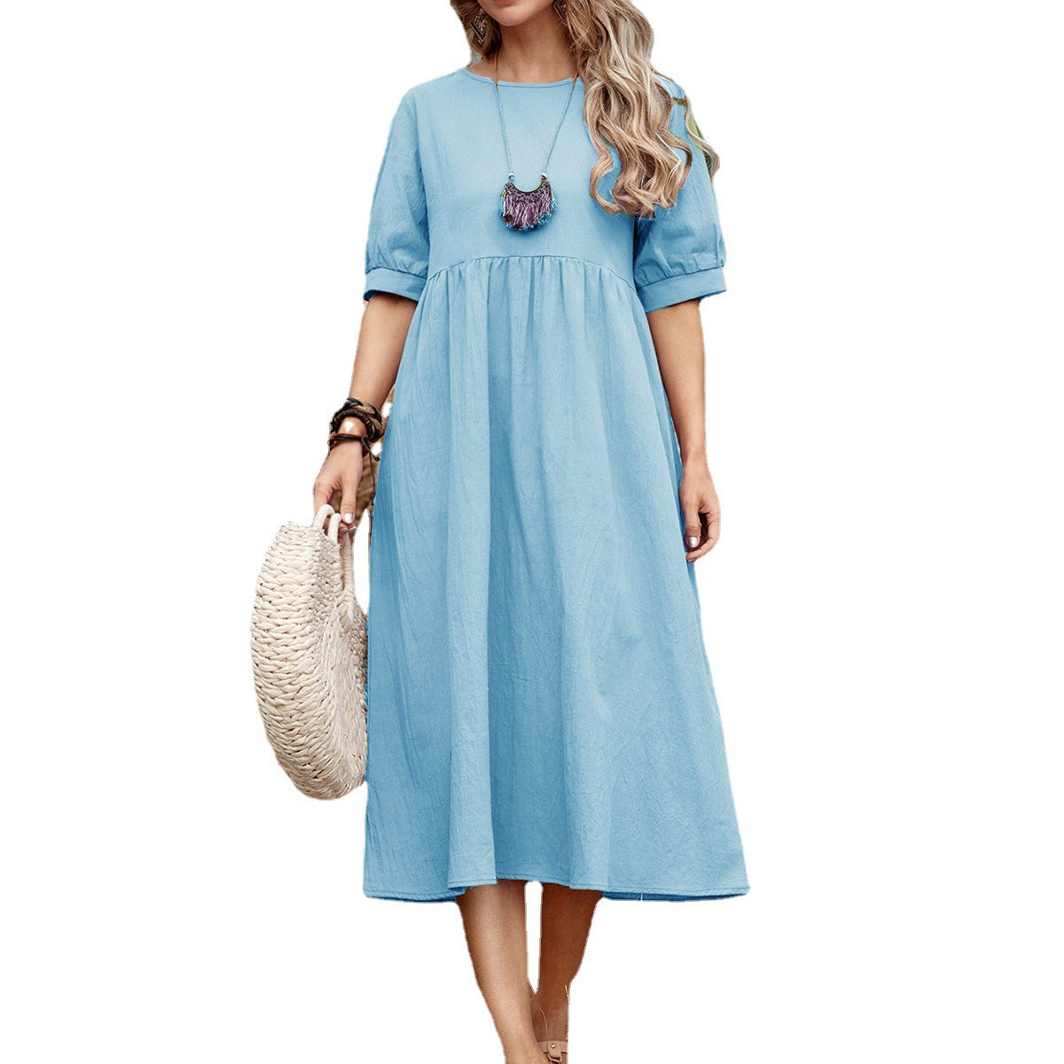 Solid Color Loose Waist Cotton Linen Round-neck Dress