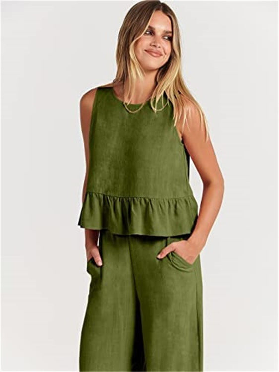 Casual Suit Summer Sleeveless Pleated Vest And Wide-leg Cropped Pants