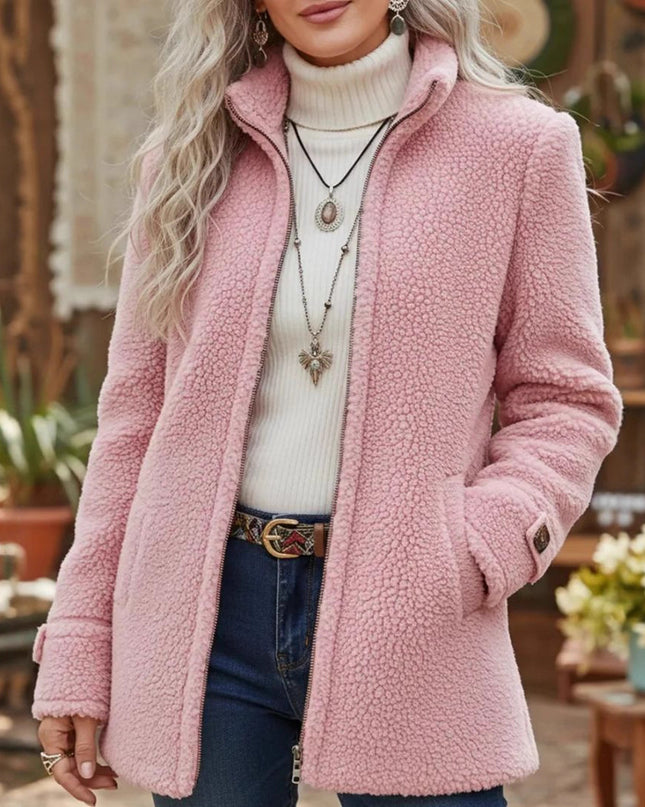 Stand-Up Collar Solid-Color Loose Casual Long-Sleeve Fleece Zip-Up Jacket