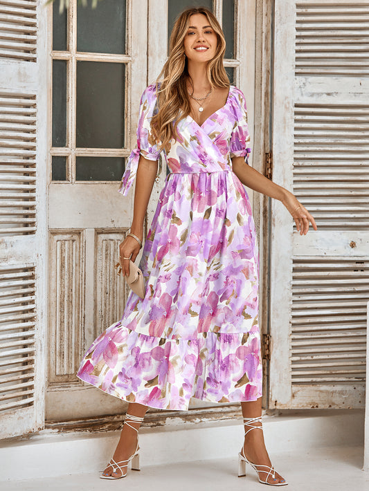Casual Printed Waist-controlled Puff Sleeve V-neck Long Dress