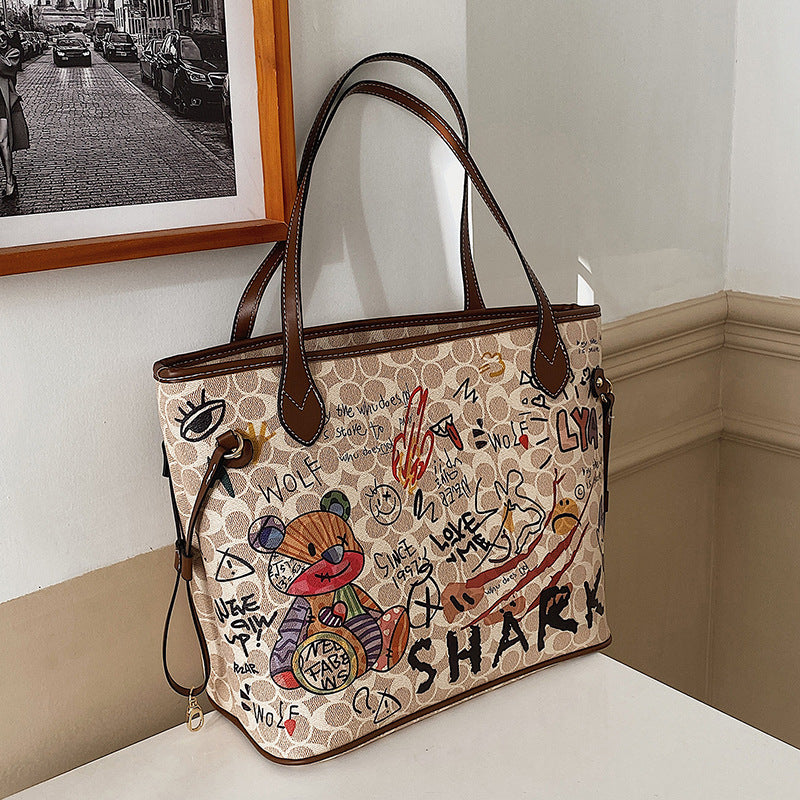Printed Female Bear Graffiti New Handbag Versatile And Large Capacity