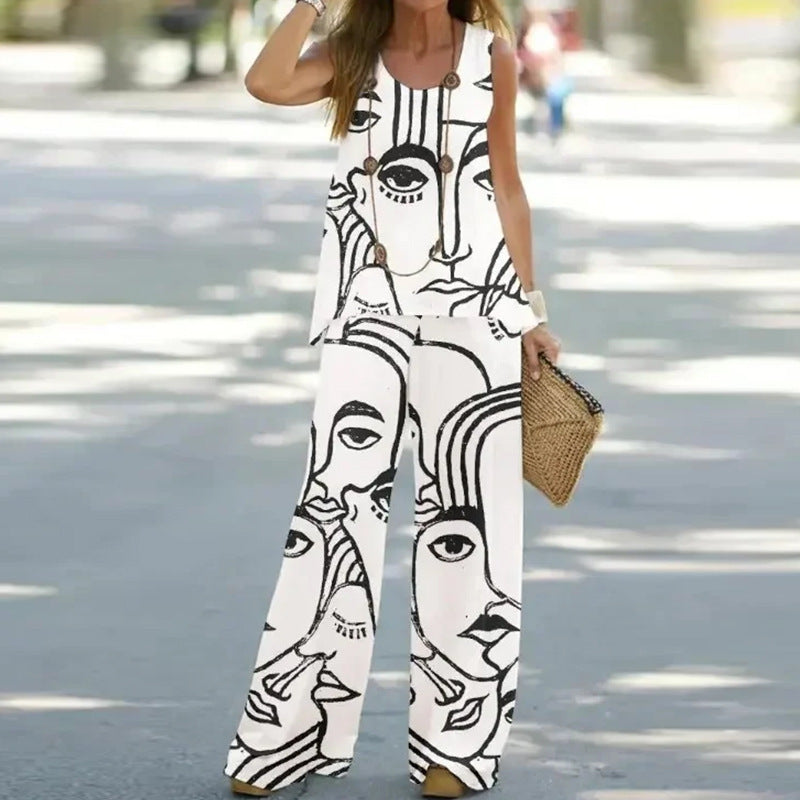 Sleeveless Top Elastic High Waist Pants Two Piece Set