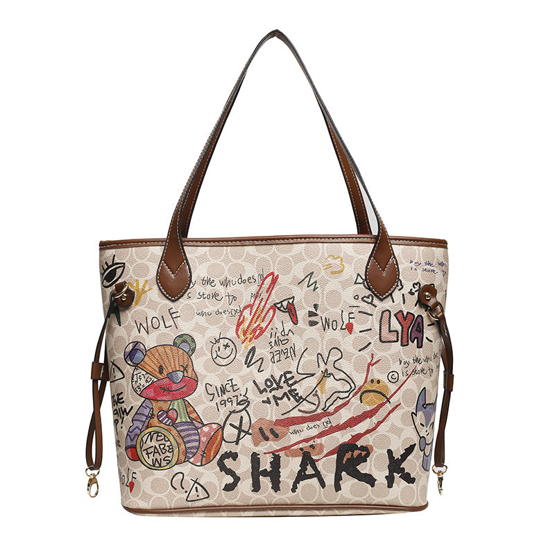 Printed Female Bear Graffiti New Handbag Versatile And Large Capacity