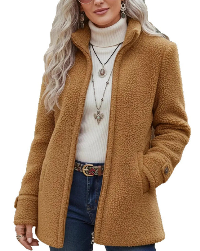 Stand-Up Collar Solid-Color Loose Casual Long-Sleeve Fleece Zip-Up Jacket