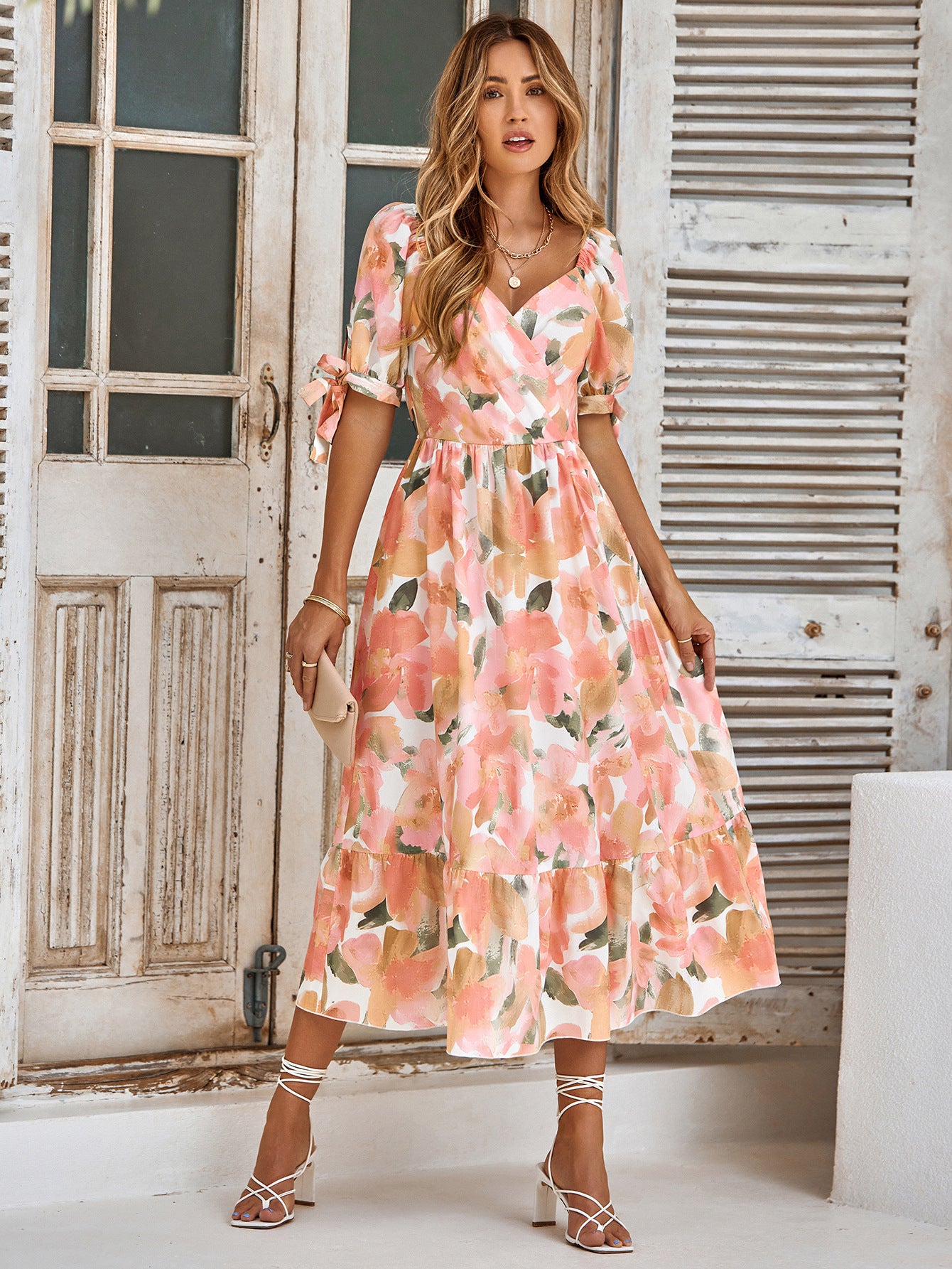 Casual Printed Waist-controlled Puff Sleeve V-neck Long Dress