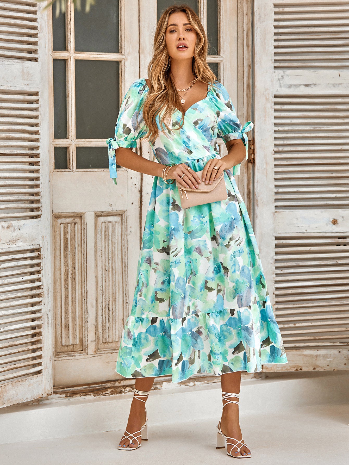 Casual Printed Waist-controlled Puff Sleeve V-neck Long Dress