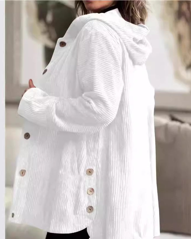 Corduroy hooded jacket with a mid-length -  button closure, and pockets