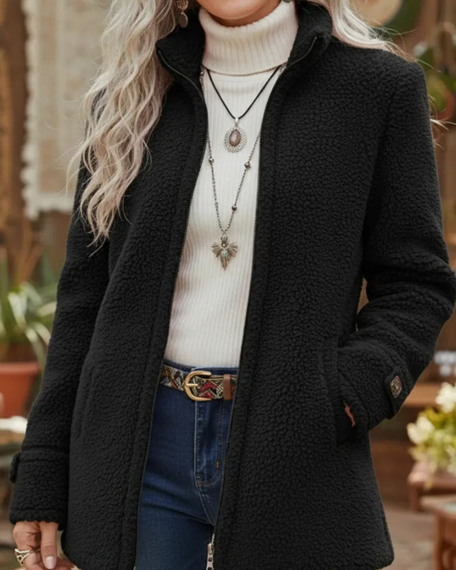 Stand-Up Collar Solid-Color Loose Casual Long-Sleeve Fleece Zip-Up Jacket