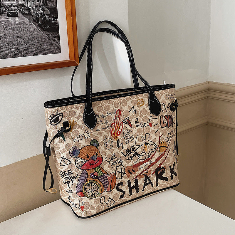 Printed Female Bear Graffiti New Handbag Versatile And Large Capacity