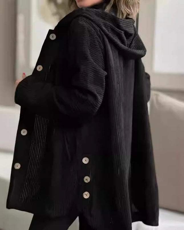Corduroy hooded jacket with a mid-length -  button closure, and pockets