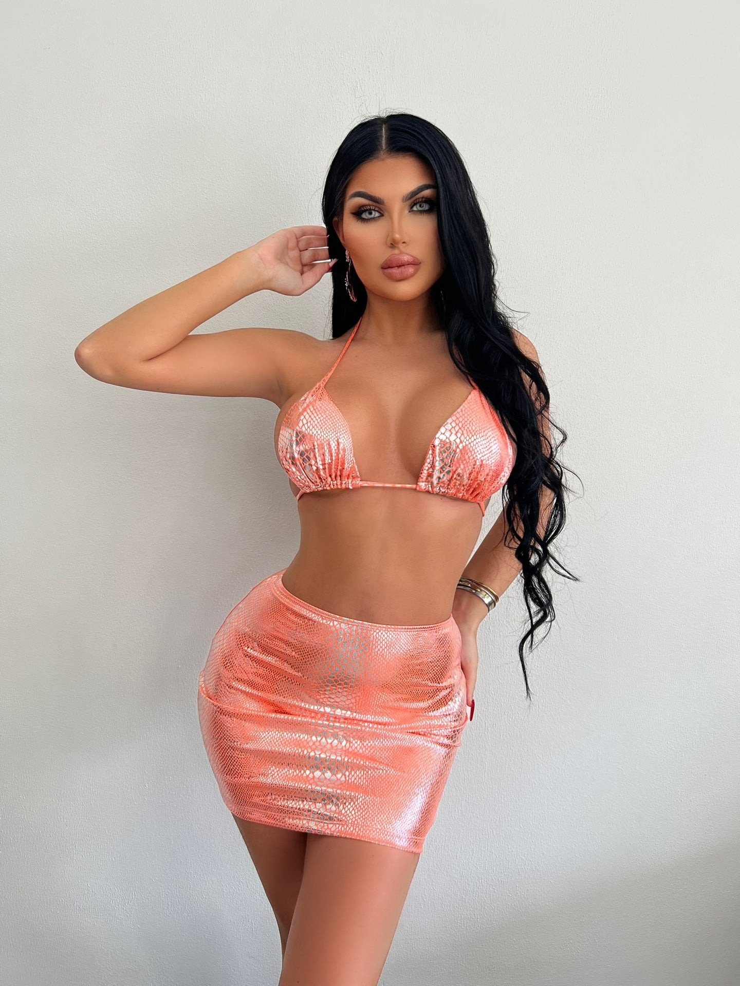 3 Piece Bathing Suits Halter Snake Pattern Bikini Set With Cover Up Skirt