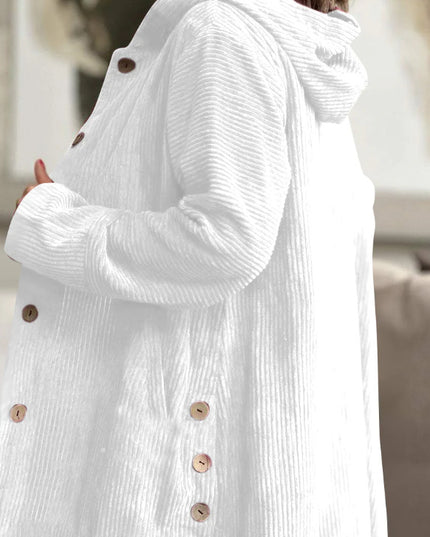 Corduroy hooded jacket with a mid-length -  button closure, and pockets