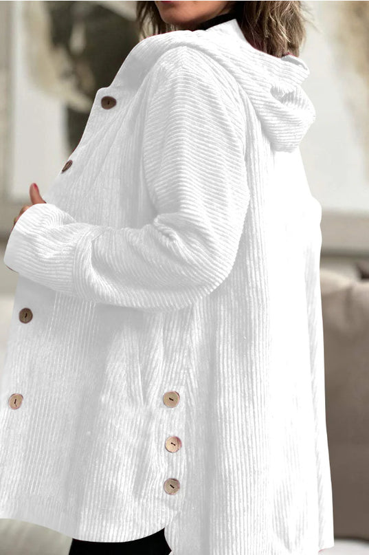Corduroy hooded jacket with a mid-length -  button closure, and pockets