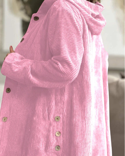 Corduroy hooded jacket with a mid-length -  button closure, and pockets