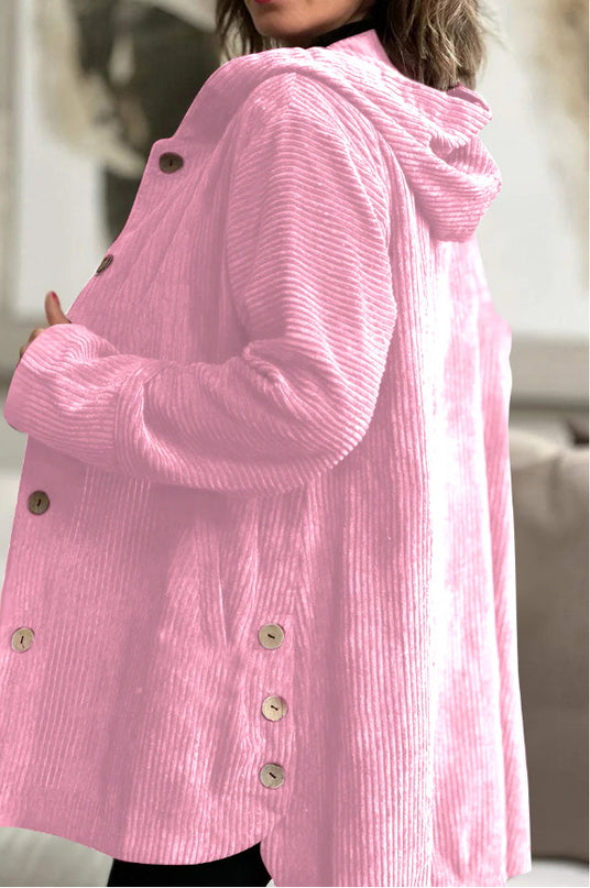 Corduroy hooded jacket with a mid-length -  button closure, and pockets