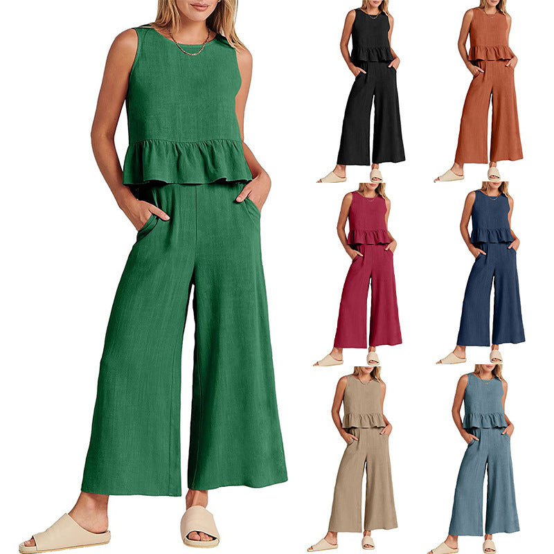 Casual Suit Summer Sleeveless Pleated Vest And Wide-leg Cropped Pants