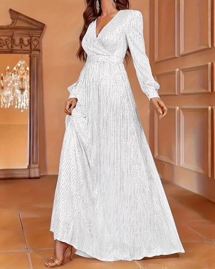 Elegant Dinner Sequined Long Sleeve V-neck High Waist