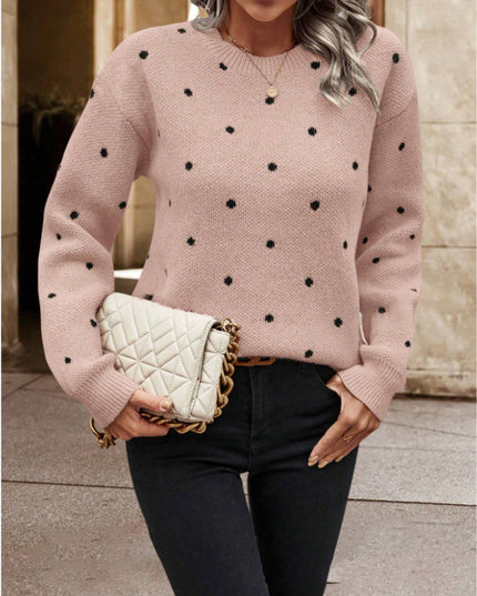 Fashionable polka dot print pullover sweater designed for a chic and casual look