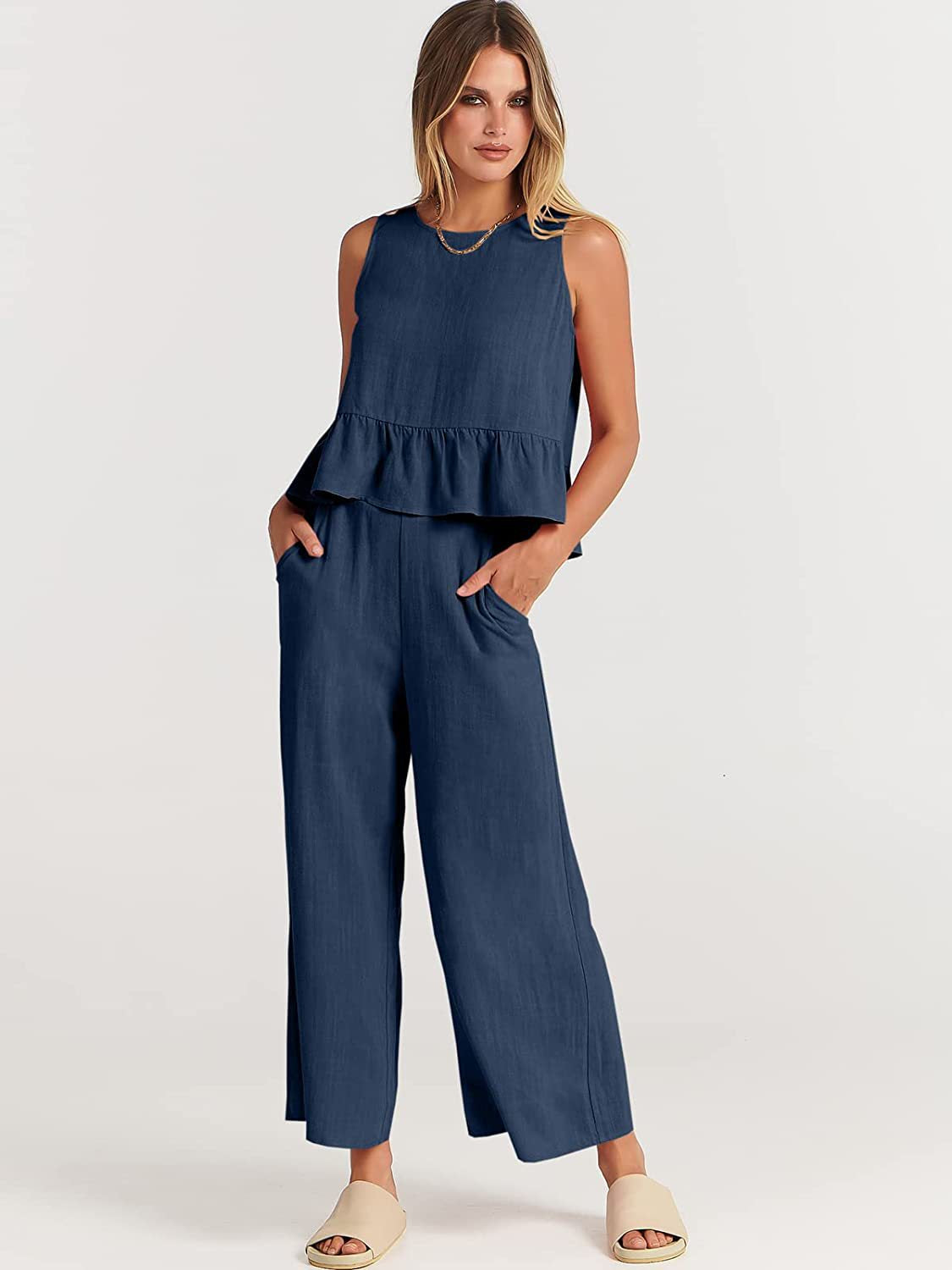 Casual Suit Summer Sleeveless Pleated Vest And Wide-leg Cropped Pants
