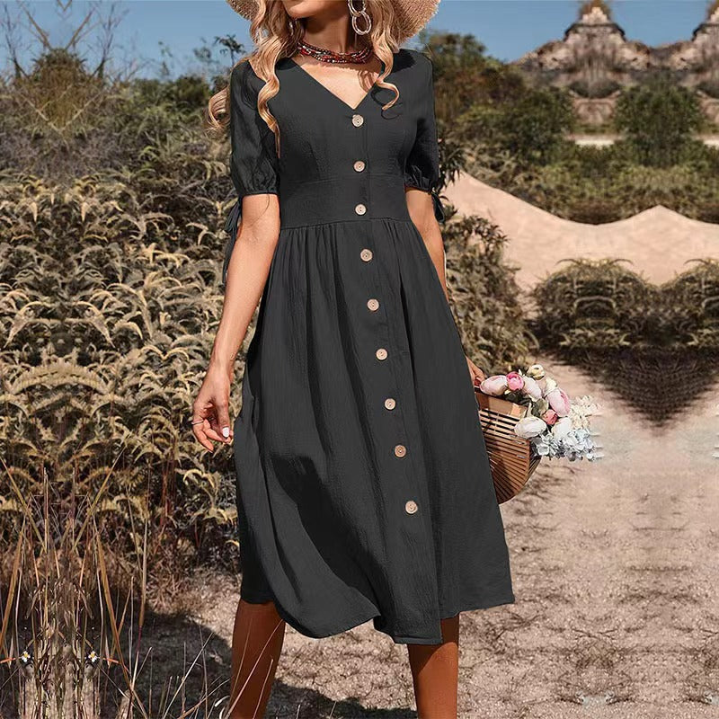 Summer New European And American Women's Clothing Midi Dress Short Sleeve V-neck Solid Color Cotton And Linen Dress