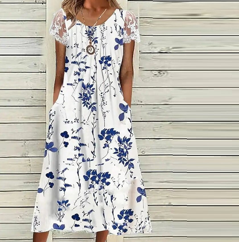 Women's Printed Short Sleeve Lace Patchwork Dress For Women