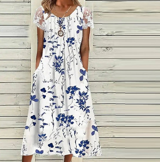 Women's Printed Short Sleeve Lace Patchwork Dress For Women